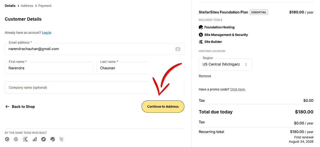 continue to payment for stellarsites